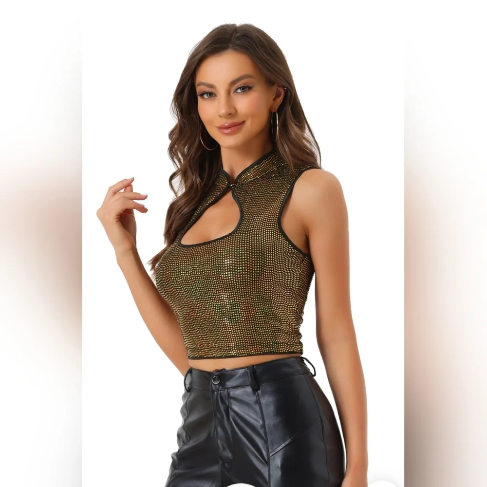 Allegra K - Sleeveless Cut Out Front Crop Tank - Slim Fitted -Sequins Top - NWOT - Picture 3 of 7